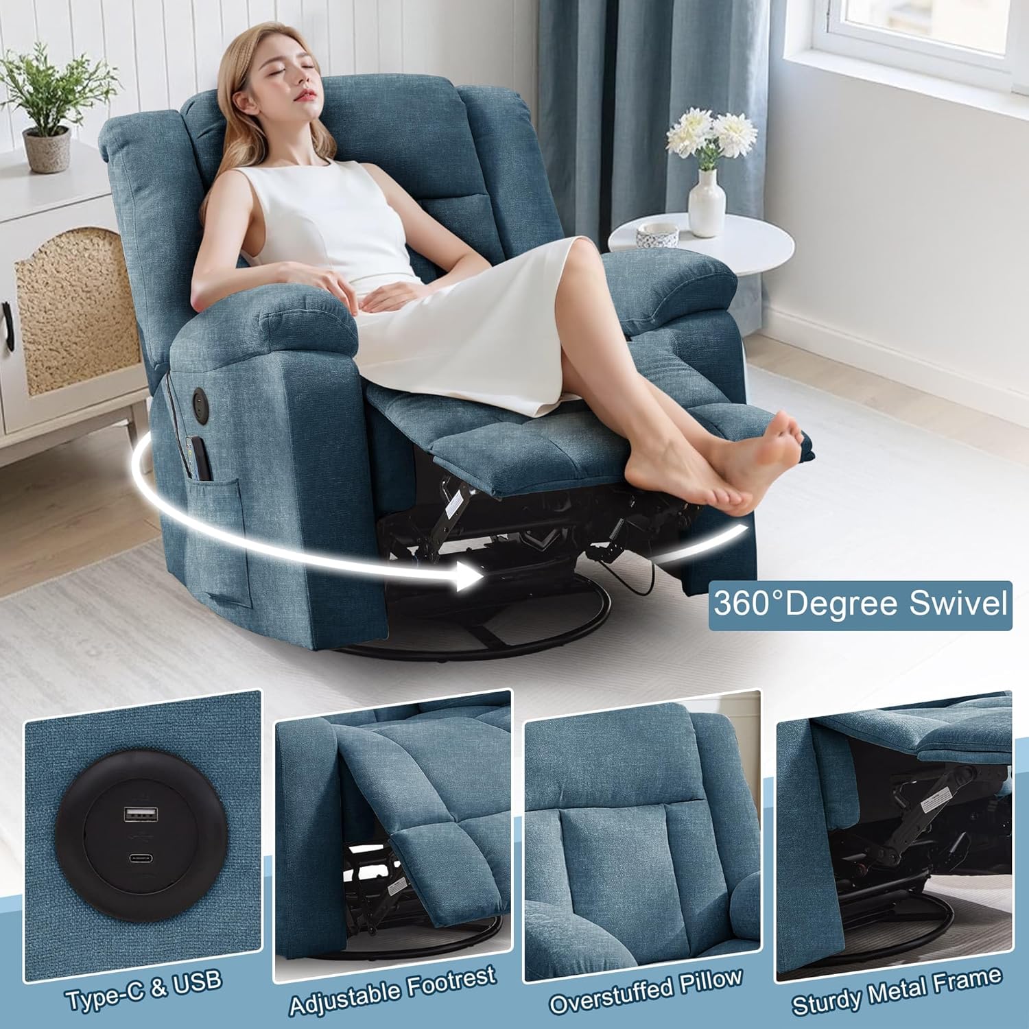 Rocker Recliner, Glider Recliner Chairs for Adults, 360�� Swivel Rocking Chair with Massage and Heating, Nursery Chair