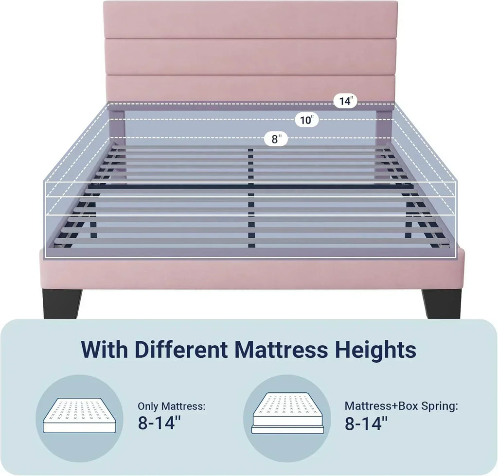 Allewie King size platform bed frame with velvet upholstered headboard and planks
