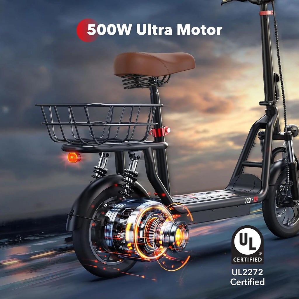 iScooter electric scooter with seat, 37/21 mile range, 28/19/15.6 mph top speed, dual suspension scooter with basket