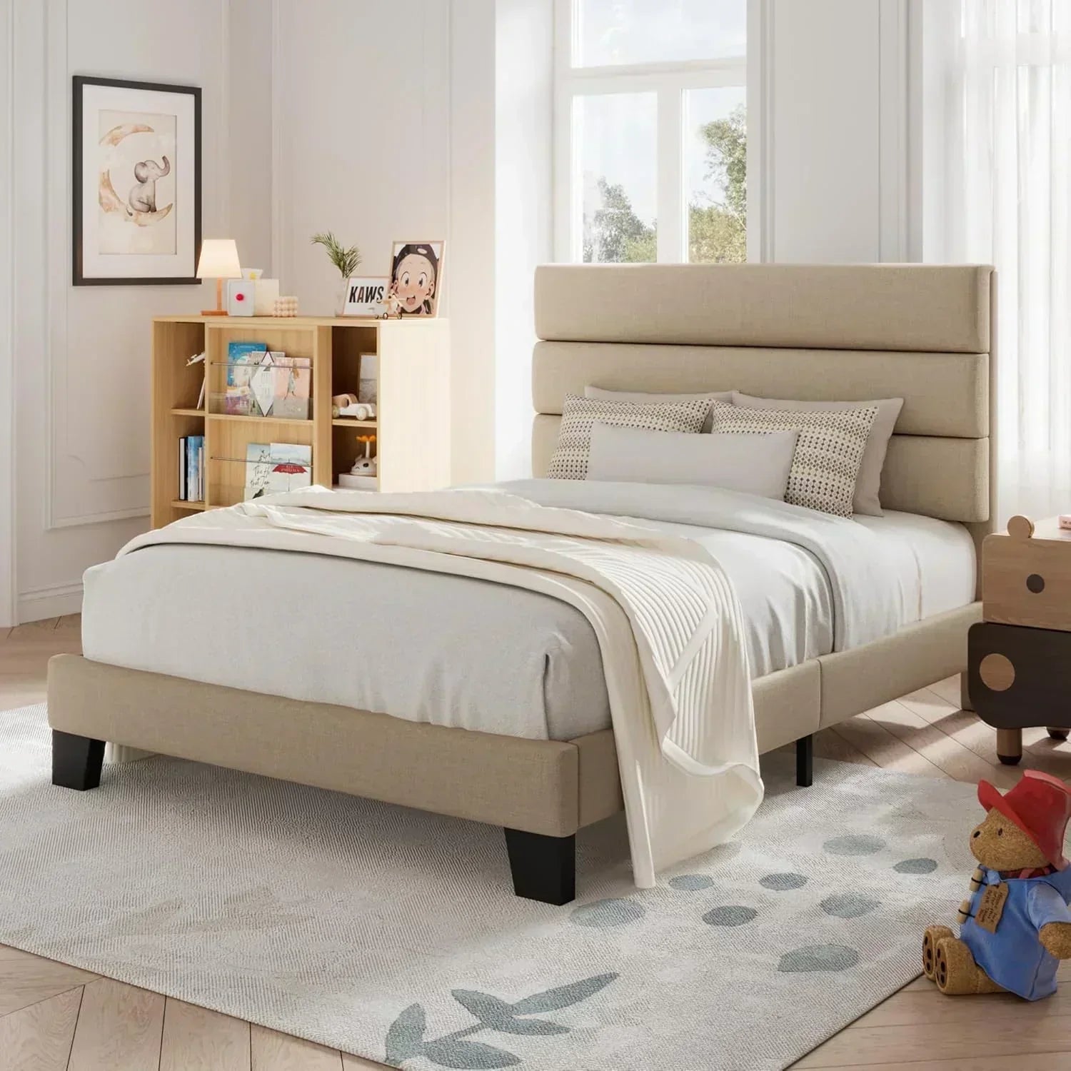 Allewie King size platform bed frame with velvet upholstered headboard and planks