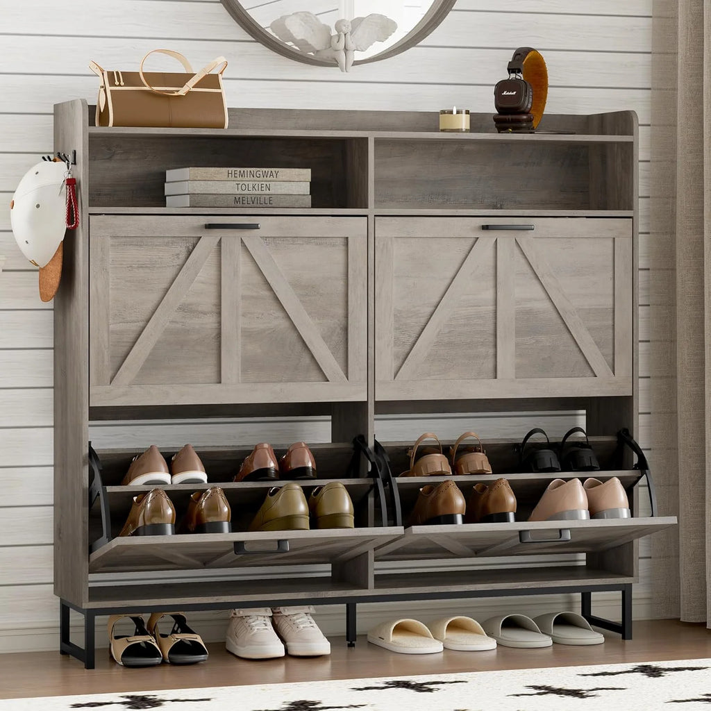 Shoe cabinet with 2 flip-top drawers Narrow shoe storage cabinet