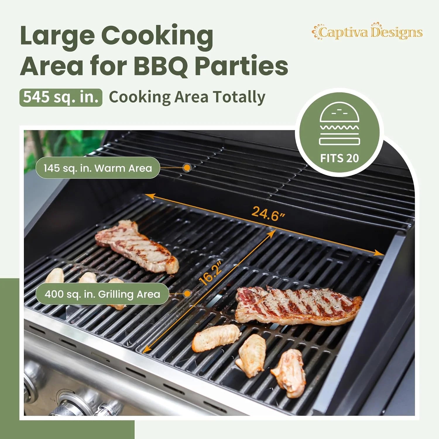 Captiva Designs 4-Burner Propane Gas BBQ Grill with Side Burner & Porcelain-Enameled Cast Iron Grates, 42,000 BTU Output Stainless Steel Grill for Outdoor Cooking Kitchen and Patio Backyard Barbecue