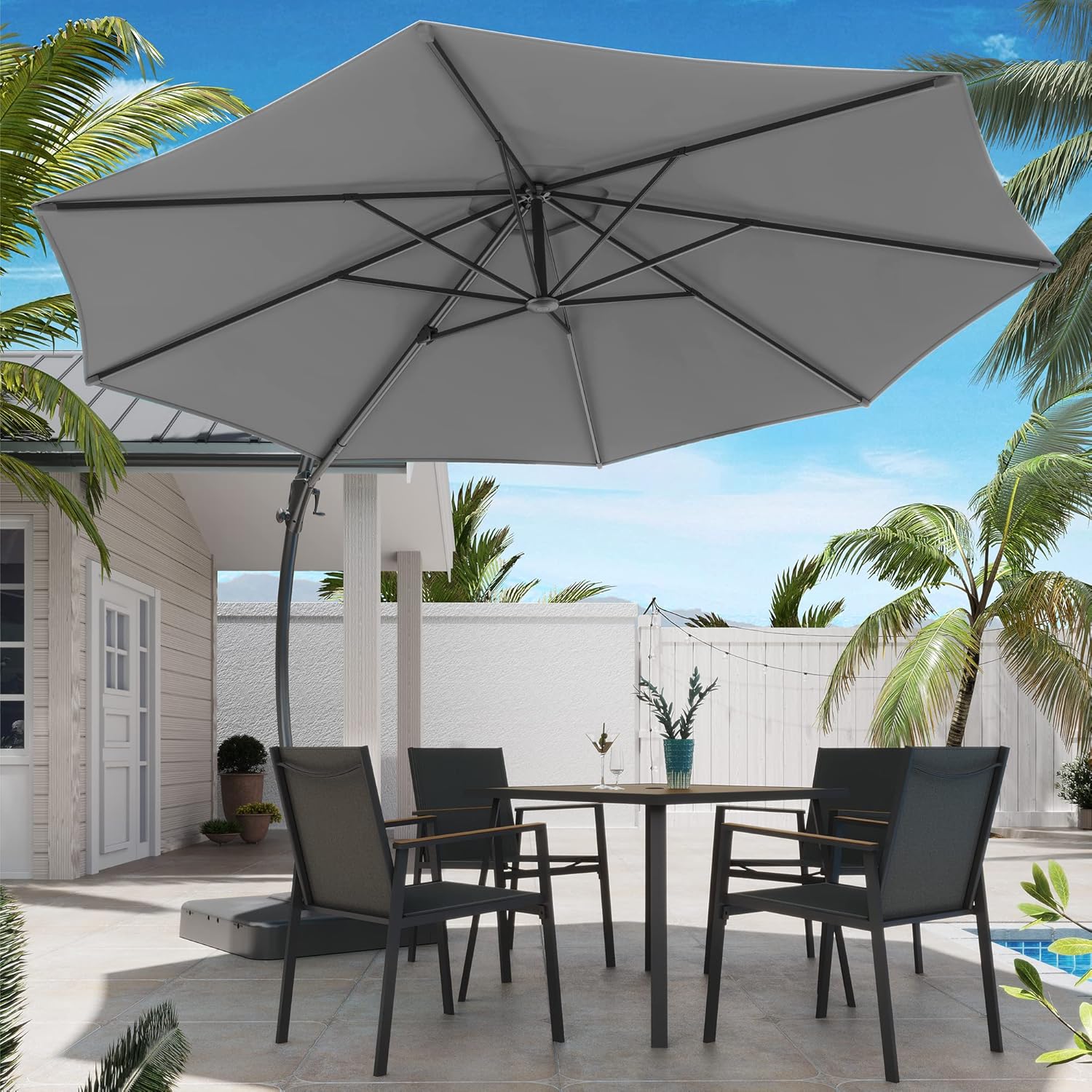 LAUSAINT HOME Outdoor Patio Umbrella with Base included, 11 FT Deluxe Curvy Cantilever Umbrella Heavy Duty Offset Hanging Umbrella with 360° Rotation for Market, Pool, Garden, Backyard, Deck (Beige)