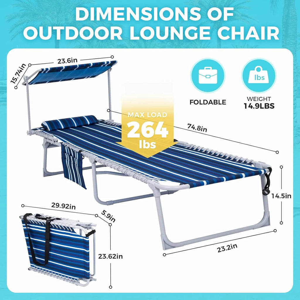 2 Pack Outdoor Chaise Lounge Chair - Portable Folding Patio Pool Lounge Chair, 5 Positions Adjustable Reclining Camping Chair with Side Table,Shoulder Strap, Pillow for Beach Sunbathing Lawn
