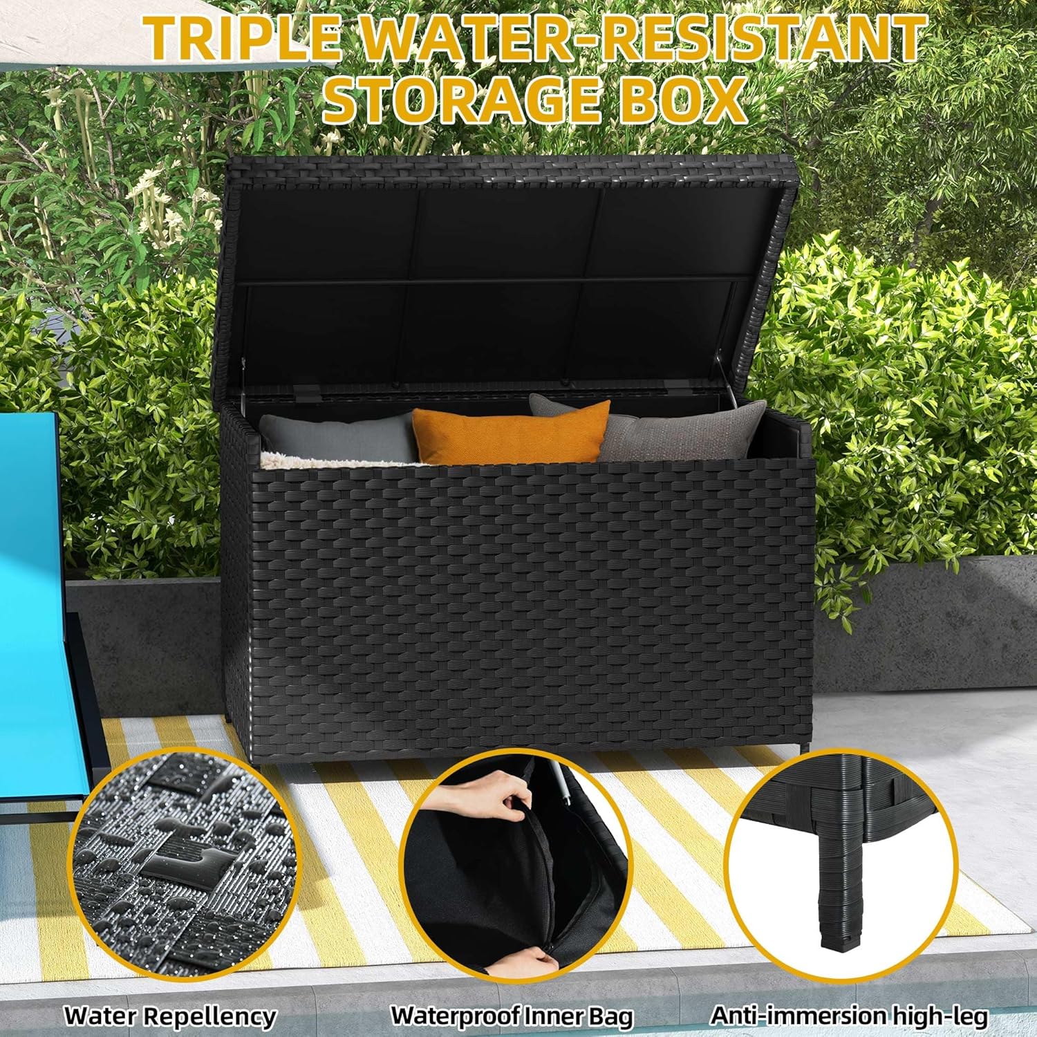 DWVO 70Gal Outdoor Storage Bench with Cushion Composite Wood Backrest Wicker Deck Bench