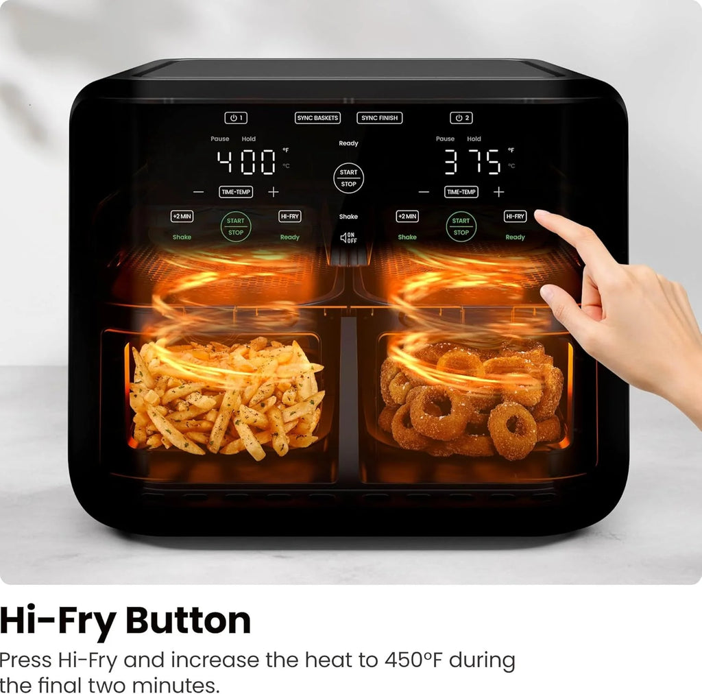 Chefman 6 Quart Dual Basket Air Fryer - Digital Touchscreen, Smart Sync Finish, Hi-Fry, Auto Shutoff, 2 Independent 3QT Nonstick Dishwasher-Safe Frying Baskets - Digital Double Air Fryer - Black