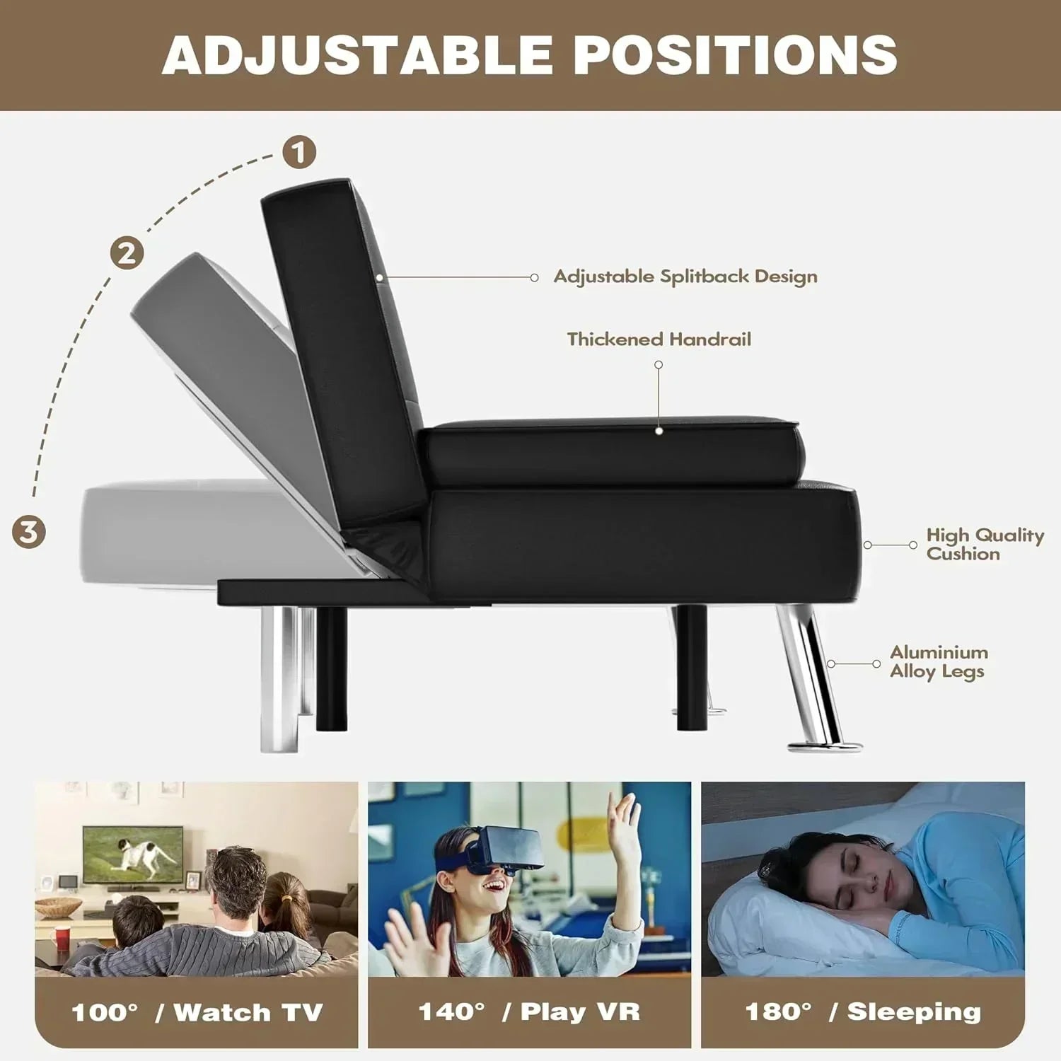 Homall Futon Sofa Bed Leather Futon Couch with Armrests Adjustable Recliner Sleeper Sofa Bed