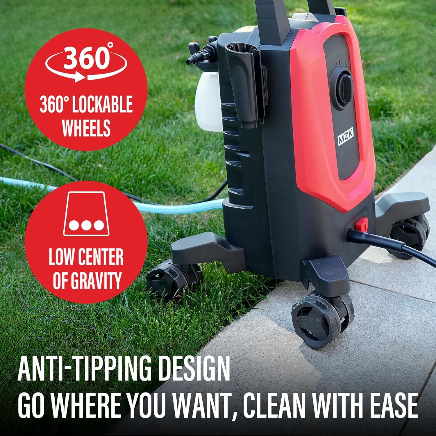 MZK electric high-pressure cleaner with 360° quick-connect nozzle and replaceable foam cannon