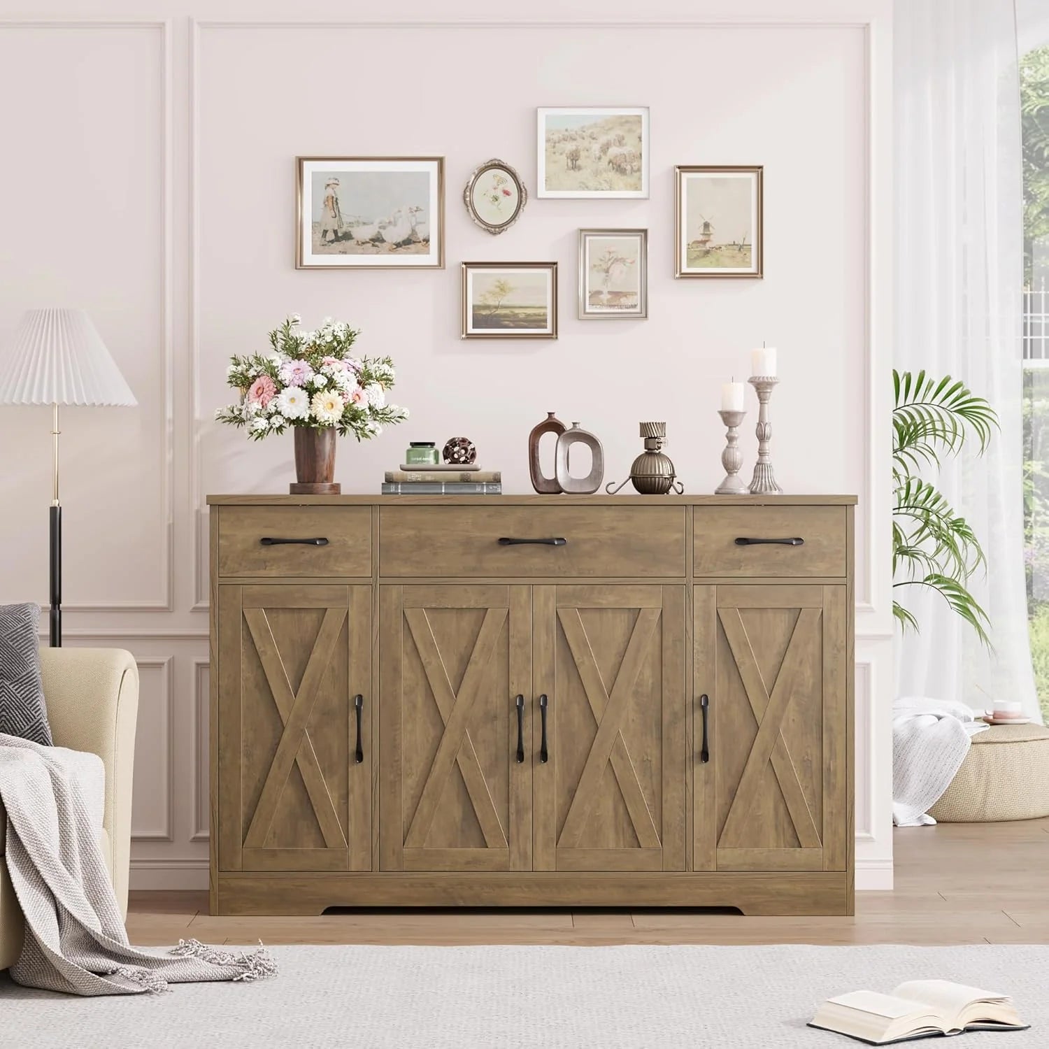 HOSTACK Buffet Cabinet with Drawers, 55 Large Sideboard Buffet Storage Cabinet with Shelves and Doors, Modern Farmhouse Coffee Bar Station Wood Kitchen Table for Kitchen, Dining Room, White/Rustic